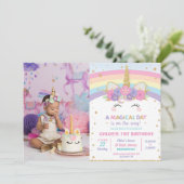 レインボーユニコーン1st誕生日パーティーガールと写真 招待状 (スタンド正面)