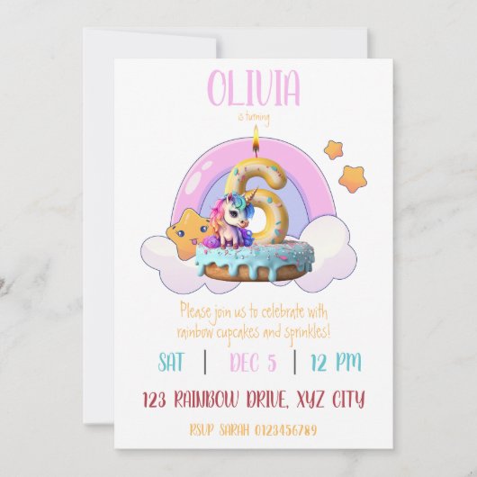 レインボーユニコーン6歳誕生日パーティーカップケーキ 招待状 (正面)
