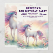 レインボーユニコーン ガーリー誕生日パーティー招待状 招待状 (正面/裏面)