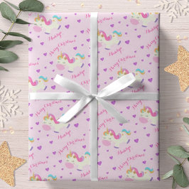 レインボーユニコーン クリスマス ギラギラ ピンク ラッピングペーパー