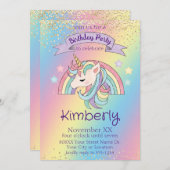 レインボーユニコーン ゴールドグリッター 誕生日 招待状 (正面/裏面)