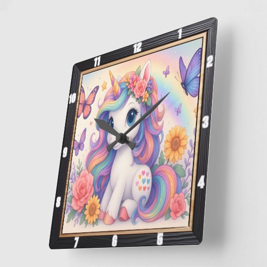レインボーユニコーン フラワーチャイルド スクエア壁時計 (傾斜)