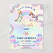 レインボーユニコーン&恐竜の友人の誕生日パーティー ポストカード (正面)