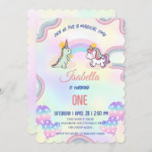 レインボーユニコーン&恐竜の友人の誕生日パーティー 招待状 (正面/裏面)