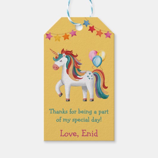 レインボーユニコーン、風船＆バナー誕生日パーティー ギフトタグ (正面)