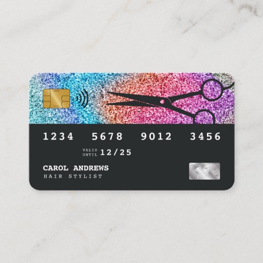 レインボーユニークグリッタークレジットカード美容師 名刺 (正面)