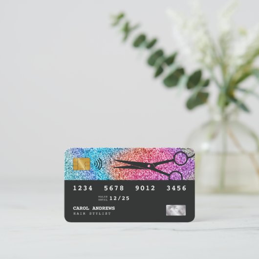 レインボーユニークグリッタークレジットカード美容師 名刺 (スタンド正面)
