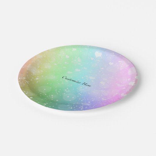 レインボーライトスパークルハートグリッターパーティープレート ペーパープレート (アングル)