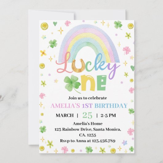 レインボーラッキーワンファースト誕生日招待状 招待状 (正面)