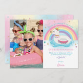 レインボーラマおもしろいプールパーティー誕生日ガールフォト サンキューカード (正面/裏面)