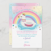 レインボーラマおもしろいプールパーティー誕生日ガール サンキューカード (正面/裏面)