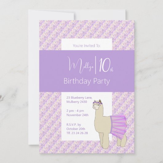 レインボーラマ紫の花柄ガールズ10歳の誕生日 招待状 (正面)