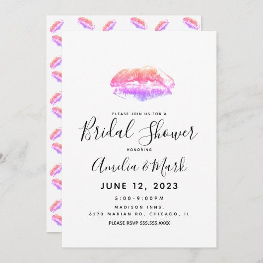 レインボーリップインプリントカラフルブライダルシャワー 招待状 (正面/裏面)