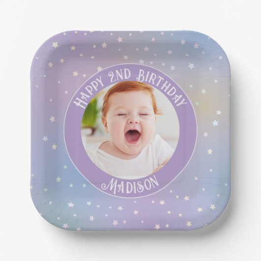 レインボーリトルスターキッズフォトバースデーパーティー ペーパープレート (正面)