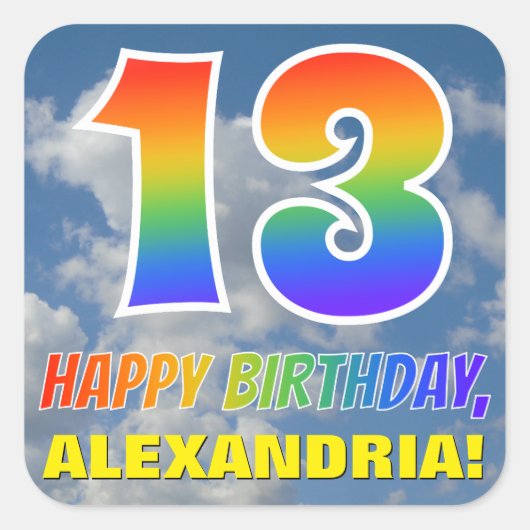 レインボールック"13" & "ハッピーバースデー",雲,空 スクエアシール (正面)