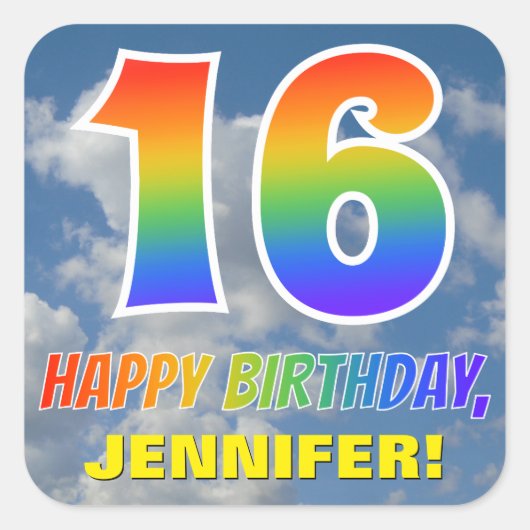 レインボールック"16" & "ハッピーバースデー",雲,空 スクエアシール (正面)