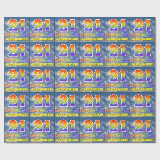 レインボールック"21" & "ハッピーバースデー"，雲，空 ラッピングペーパー (フラット)