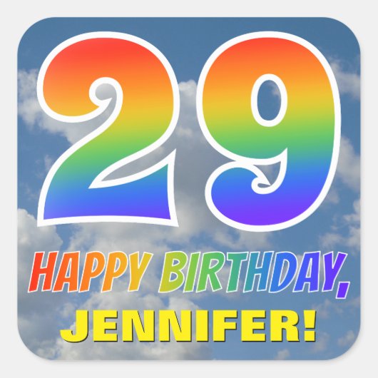 レインボールック"29" & "ハッピーバースデー"，雲，空 スクエアシール (正面)