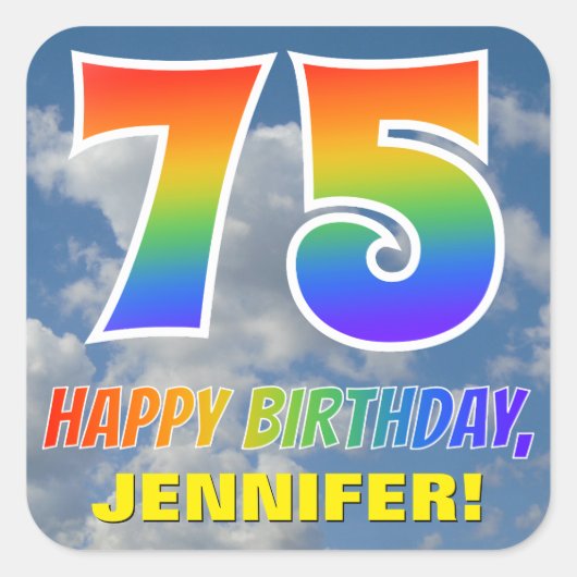 レインボールック"75" & "ハッピーバースデー"，雲，空 スクエアシール (正面)