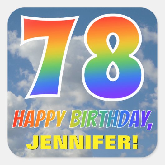 レインボールック"78" & "ハッピーバースデー",雲,空 スクエアシール (正面)