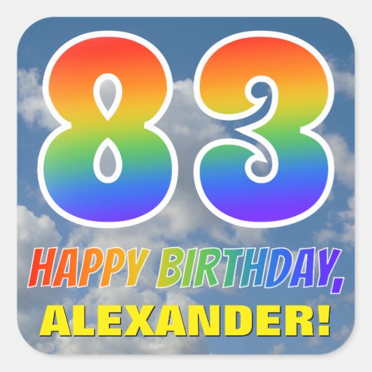 レインボールック"83" & "ハッピーバースデー"，雲，空 スクエアシール (正面)