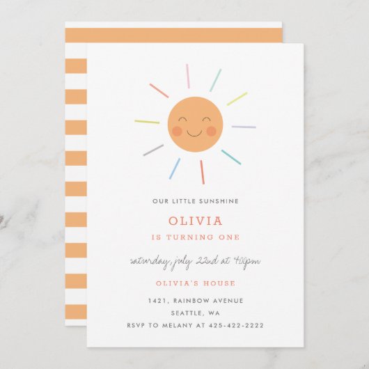 レインボーレイズキッズの誕生日パーティーピーチ 招待状 (正面/裏面)