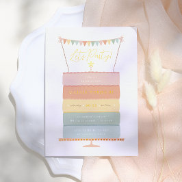 レインボーレイヤケーキガールバースデーパーティー 箔招待状