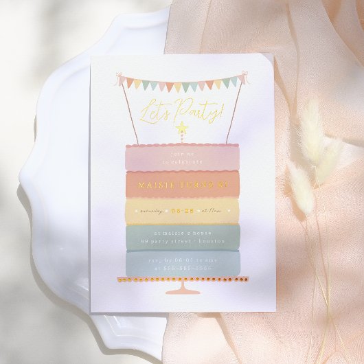 レインボーレイヤケーキガールバースデーパーティー 箔招待状