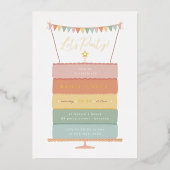 レインボーレイヤケーキガールバースデーパーティー 箔招待状 (正面)