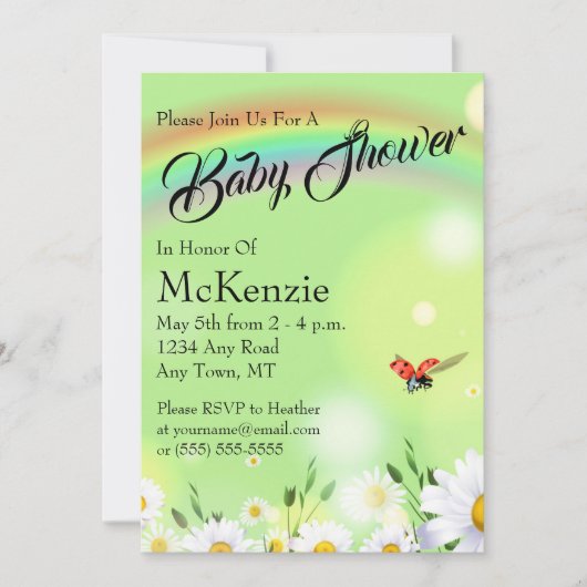 レインボーレディバグデイジーフローラベビーシャワー 招待状 (正面)