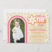 レインボーレトロデイジー写真1st誕生日招待状 ノートカード (正面)