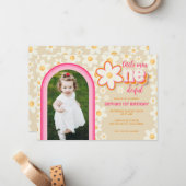 レインボーレトロデイジー写真1st誕生日招待状 ノートカード (正面/裏面インサイチュ)