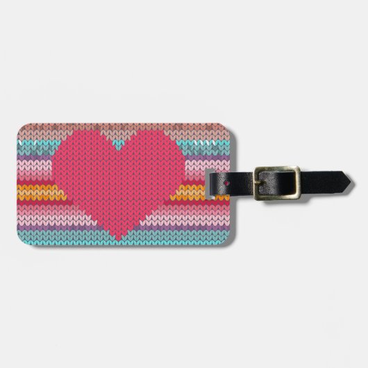 レインボーレトロハートフェイクウールニットバレンタイン ラゲッジタグ (正面横)