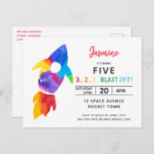 レインボーロケット船宇宙誕生日会 インビテーションポストカード (正面/裏面)