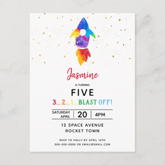 レインボーロケット船宇宙誕生日会 インビテーションポストカード (正面)