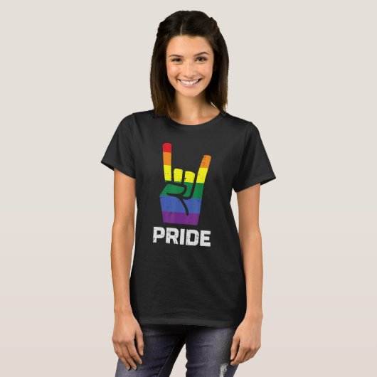 レインボーロックハンドサインプライドパンクゲイ国旗Lgbtq M Tシャツ (正面フル)