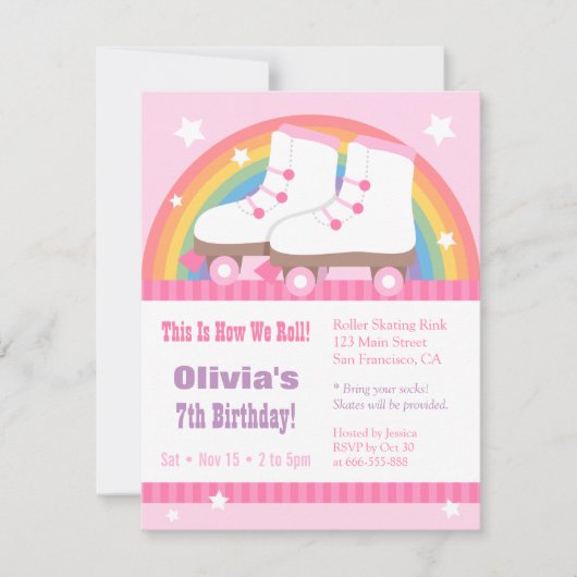 レインボーローラスケートで滑るバースデーパーティ招待状 招待状 (正面)
