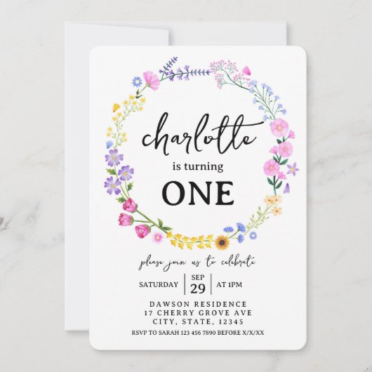 レインボーワイルドフラワーベビーガール1st誕生日春 招待状 (正面)