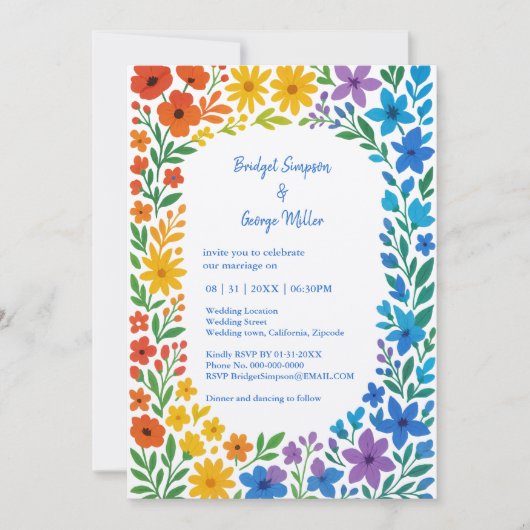 レインボーワイルドフラワー素朴フローラ結婚ズ 招待状 (正面)