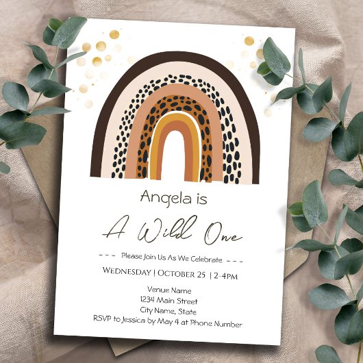 レインボーワイルドワンボホアニマルプリント子供の誕生日 招待状