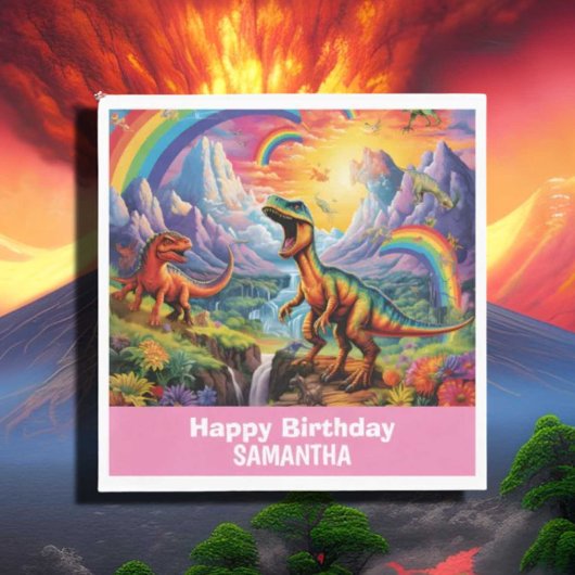 レインボーワイルドワン恐竜の誕生日テーマピンク スタンダードランチョンナプキン