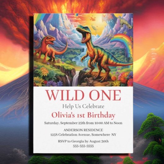 レインボーワイルドワン恐竜の誕生日テーマ 招待状
