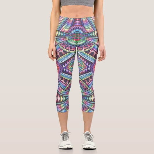 レインボー万華鏡のように千変万化するパターンマンダラアート抽象芸術パターン カプリレギンス (正面)