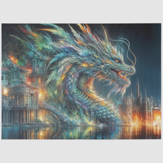 レインボー中国のドラゴンの水デコパージュ 薄葉紙 (正面)