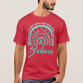レインボー信じオ卵巣認識度ティール(緑がかった色)リボン Tシャツ