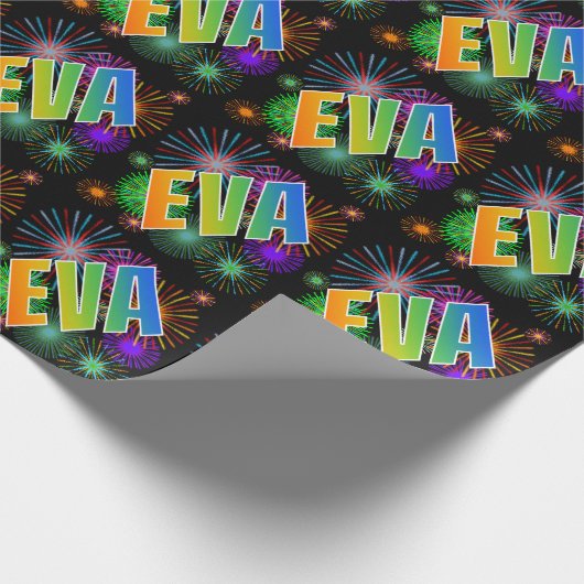 レインボー名「EVA」+花火 ラッピングペーパー (角)