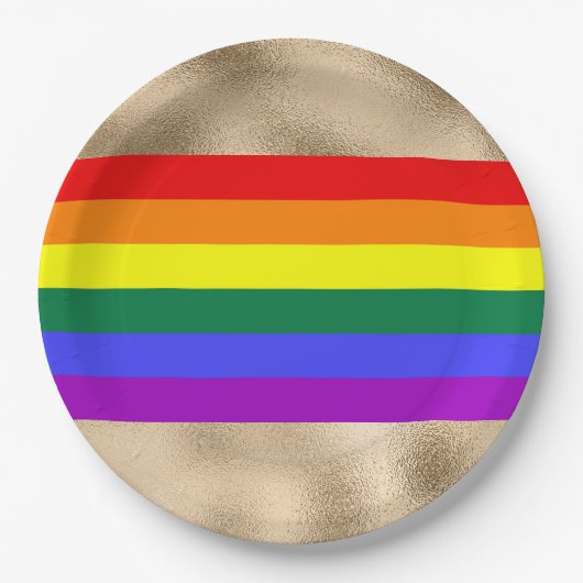 レインボー国旗の金ゴールド ペーパープレート (正面)