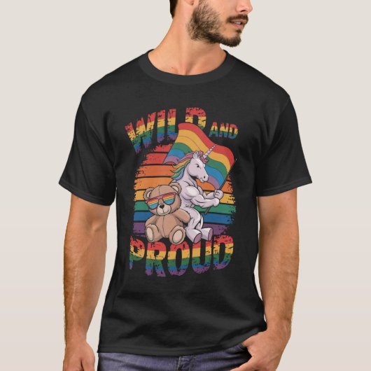 レインボー国旗teddy bear unicorn LGBTQ Tシャツ (正面)