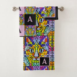 レインボー子猫モザイクとモノグラム猫好き バスタオルセット