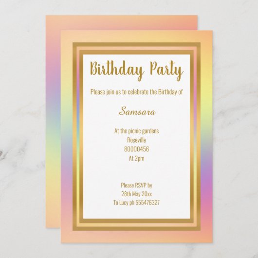 レインボー層金ゴールドすべての行事誕生日 招待状 (正面/裏面)